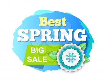 Best spring big sale discounts on products isolated icon vector. Flora blooming, ribbons with promotional text and flower with petals and leaves spring