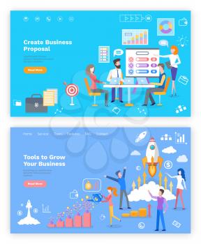 Proposal and tools to grow business online webpage vector. Graphics, rocket start and money, economic development website template, landing page flat style. Landing page in flat