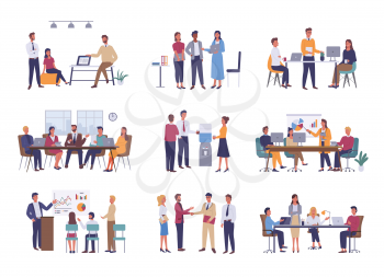 Teamwork or team building, office business meeting vector. Conference and brainstorming, annual report and statistics graphics, discussion and planning in flat style