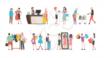 Old collection sale, fashion industry and shopping vector. Sellers and assistant managers, customers and clothes, garments and cash counter, mirror