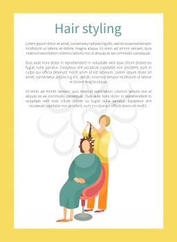 Hair styling poster with woman sitting in chair and hairdresser winds locks on curlers vector banner with text sample. Female making hairstyle in spa salon