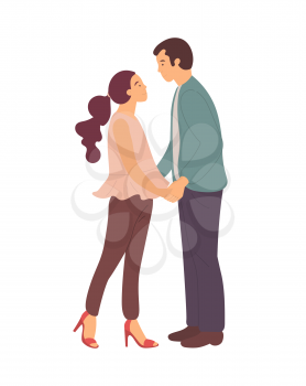 Cartoon characters male and female standing and gently hugging each other. Couple in love going to kiss, lady on high heels and guy in trousers isolated