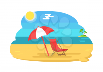 Seaside sunny coastline holiday vector. Seashore with umbrella giving shade and deck chair to relax. Shining sun and palm tree on island in distance