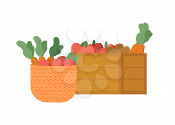 Carrots in containers vector, isolated wooden boxes, basket with tomatoes flat style foliage and apples harvesting season veggies vegetables fruits