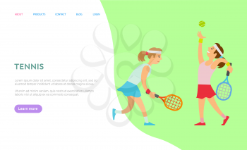 Tennis players vector, people playing sports game holding rackets and hitting ball in air, team of females wearing special suits for game. Website or webpage template, landing page flat style