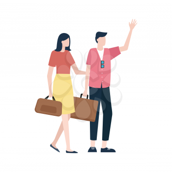 Man and woman standing together with handbags, portrait and full length view of people in casual clothes, tourists or travelers flat style vector
