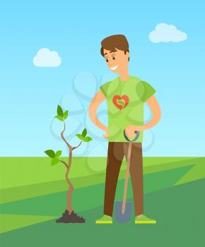 Man planting tree digging soil to plant new birch or oak in city park. Vector ecology worker or gardener with shovel, volunteer worker save nature outdoors
