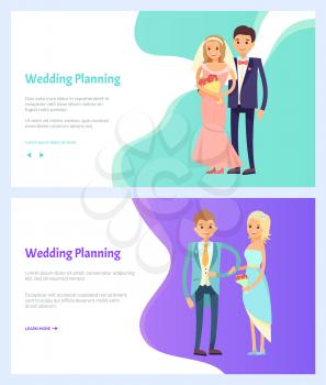 Wedding planning, bride and groom engagement. Vector man and woman with bouquet of flowers, in evening dresses, just married cartoon characters. Website or webpage template, landing page flat style