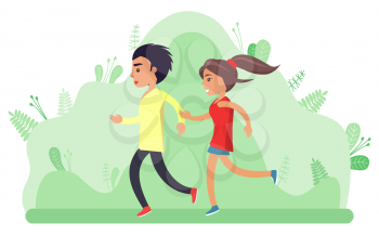 Young people jogging vector, woman and man caring for health. Active lifestyle of youth, park with foliage and plants. Female and male students flat style