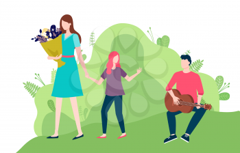 Mother and daughter walking together holding hands. Woman with bouquet of flowers. Man sitting on grass playing guitar, girl waving goodbye vector