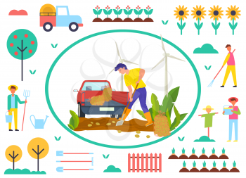 Farmer working on potato field vector, man using shovel and tractor to transport vegetables. Scarecrow and tree, car and sunflowers, fence and carrots on farm
