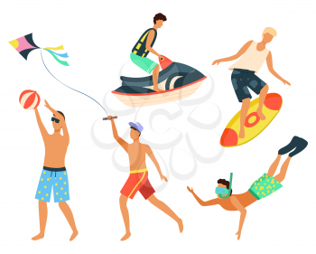 People using water transport for fun vector, isolated man standing on surfing board. Snorkeling diver wearing mask. Summertime sport. Kite sand jet machine summer activity