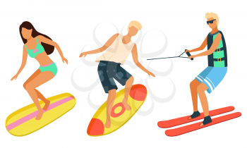 Summer fun, windsurfing sport recreation and water skis. Vector beach activities, man and woman on surfboards isolated. Vector surfers on boards and jets
