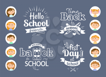 Pupils or students and back to school monochrome icons with lettering vector. Pen and pencil, ruler and flask, backpack and stationery, boys and girls. White lettering with back to school phrases