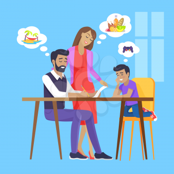 Family meeting by table, father signing document and thinking of vacation on islands, mother have idea of food, kid wants gamepad vector illustration