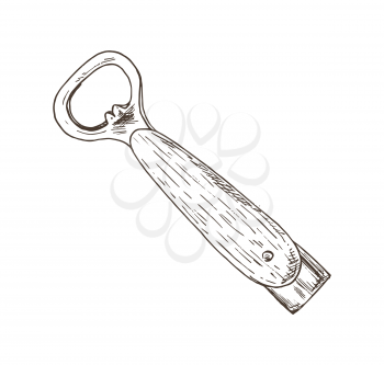 Bottle opener closeup monochrome sketch outline. Tool with wooden handle and metal top to open containers, hand drawn utensil vector illustration