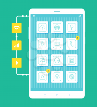 Mobile phone screen closeup, icons of cell, wifi signal, video play, storage of files, application of modern gadget isolated on vector illustration