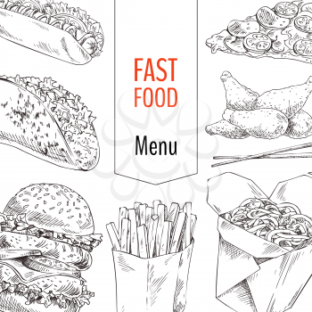 Fast food menu sketches set of traditional dishes with meat. Fried chicken and noodles in package. Burrito and American hamburger vector illustration