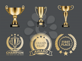 Champion prizes collection, banners stickers, badges with headlines, laurel leaves, stars as decoration, gold cups for leaders set vector illustration