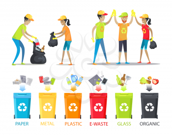 Rubbish collecting and allocation vector banner isolated on white background illustration, working people in special t-shirts with recycling symbol