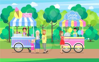 Candy cotton and ice cream sweet snacks mobile shops vector illustration of small vans with street food, green summer park cheerful resting people