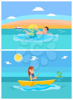 Summer lifestyle collection, summertime sport of swimming or boating, girl with ora, ship and island, palm trees vector illustration isolated on blue.