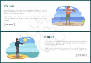 Fishermen with fishing rod and fish vector illustration. Standing fishers with fish-rods, trout in hands and tackle isolated on landscape sport sketch