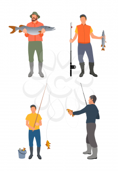 Set of fishers with catch isolated on white banner, color vector illustration of men that holding catched fishes and fishing-rods, professional hobby