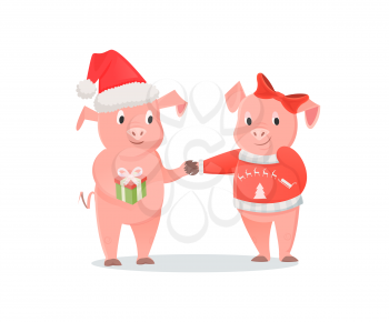 Male and female piglets, pigs in hat and bow, New Year or Christmas holiday. Animal exchange gift, livestock mammals, zodiac symbol vector illustration
