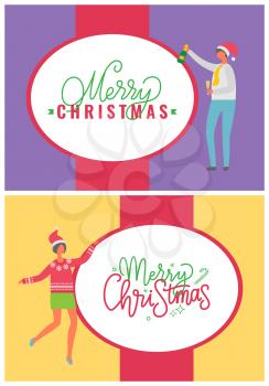Merry Christmas postcards with people dancing at corporate fest celebrating holidays. Vector cartoon style characters on party, man and woman in Santa hats
