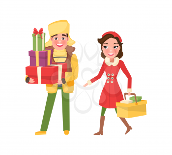 Christmas shopping, winter holidays preparation vector. Lady carrying basket walking by man holding presents in boxes. Gifts decorated with ribbons