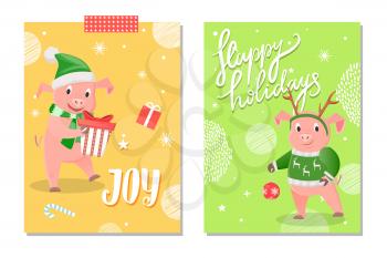 Joy and Happy Holidays greeting cards. Smiling pig holding gift in green hat and scarf, piggy in winter sweater with decoration of deer on head vector