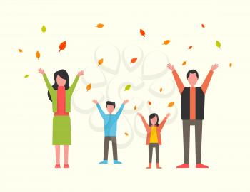 Family with kids playing with autumn leaves in park vector. Father and mother with children happy time together, fall season. Autumnal period outdoors