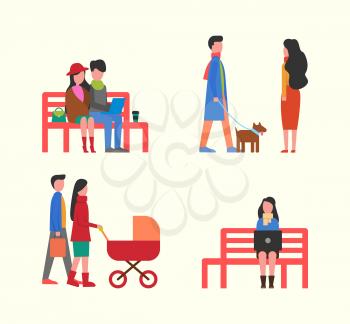 Couple working on laptop on bench, family walking together with pram vector. Newborn kid in perambulator, dog on leash with owners. Freelance worker
