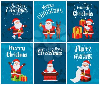 Merry Christmas, Santa Claus with presents gifts decorated with ribbons set vector. Winter character with reindeer, in chimney, reading list of kinds