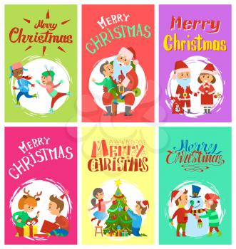 Merry Christmas wintertime activities, children writing letter to Santa, skating and telling wishes, open boxes, playing snowballs, making handmade gifts, vector