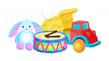 Bunny with long ears and drums with sticks, van of red and yellow colors, Christmas toys set for children to be happy on holidays vector illustration