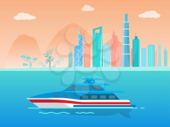 Speed yacht on water surface near coast of big city. Luxurious yacht in blue sea and high skyscrapers on horizon cartoon flat vector illustration.