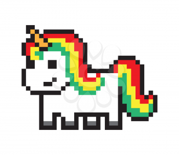 Cute pony, pixel horse isolated on white backdrop, pixel animal with multicolored hair, horse with horn, vector illustration, joyful tale s character