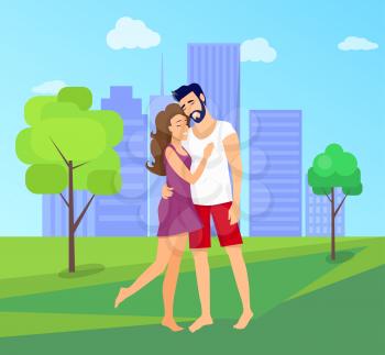 Hugging young couple in city with skyscrapers and green trees on background. Vector illustration of dating people in summer period