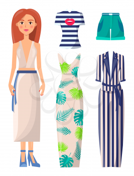 Woman and clothes collection, poster with lady representing summer mode and clothing, summer mode and t-shirt, shorts and dress vector illustration