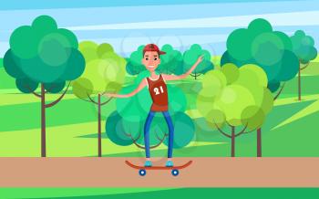 Teenager skateboarding vector illustration of young man on skate, skateboarder in t-shirt and jeans in green park on background of trees and bushes