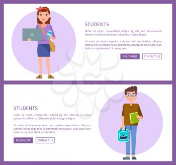 Students web pages design with push buttons read more and contact us, online posters with girl holding laptop and boy in glasses with backpack and book
