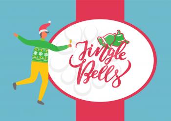 Jingle bells poster, man in sweater with snowflakes and trousers celebrating Christmas party. Male in Santa Claus hat, with glass of alcohol drink, vector