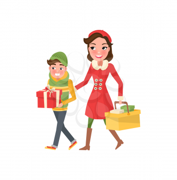 Young mom and boy with wrapped gift boxes and packages with presents. Cartoon style female, customers isolated. Mother and son do shopping together
