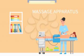 Massage treatment using special apparatus machine for skincare and relaxation. Masseuse and relaxing client, smiling female in spa salon interior vector