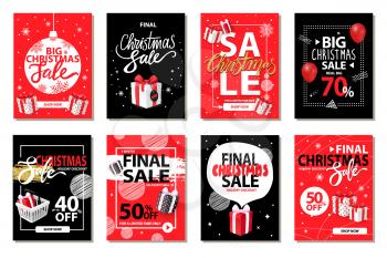 Christmas sale, discounts on winter holiday set vector. Marketing and promotion of exclusive products. Deals and offers of shops, sellout of goods