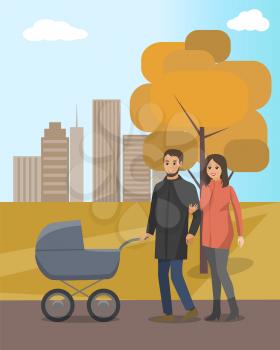 Autumn park and married couple walking with baby carriage. Mother next to father pushing pram, fall leaves on tree, skyscrapers vector illustration.