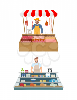 Farmer in kiosk selling meat and dairy products set. Vendor with pork, beef and chicken, seller in stall. Isolated icons of salesman farmers vector