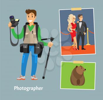 Photographer with professional camera and tripod. Photographs of celebrities couple on red carpet, grizzly bear at forest meadow vector illustrations.